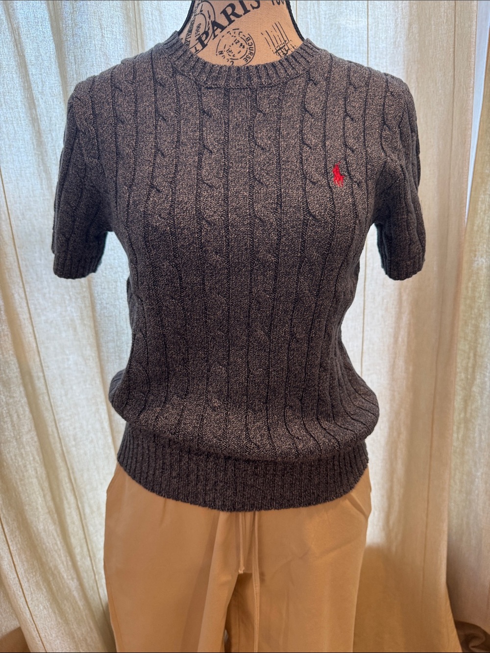 Ralph Lauren Gray Cable Knit Short Sleeve Sweater with Red Pony